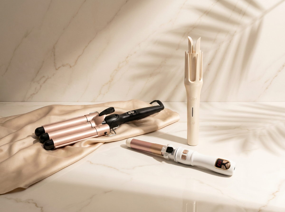 Arizele styling tools arranged on warm marble with silk and palm shadows