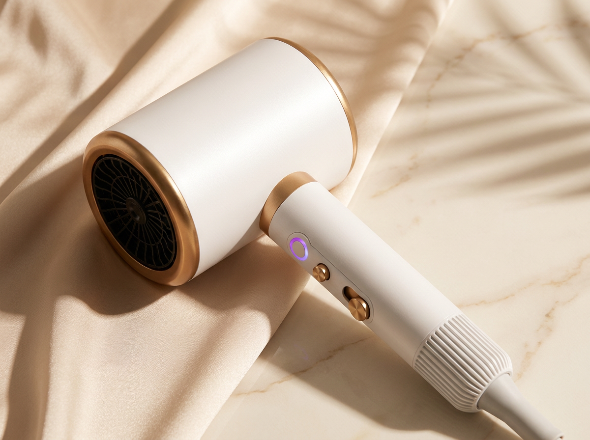 Close-up of the Arizele AeroFlow hair dryer on champagne silk